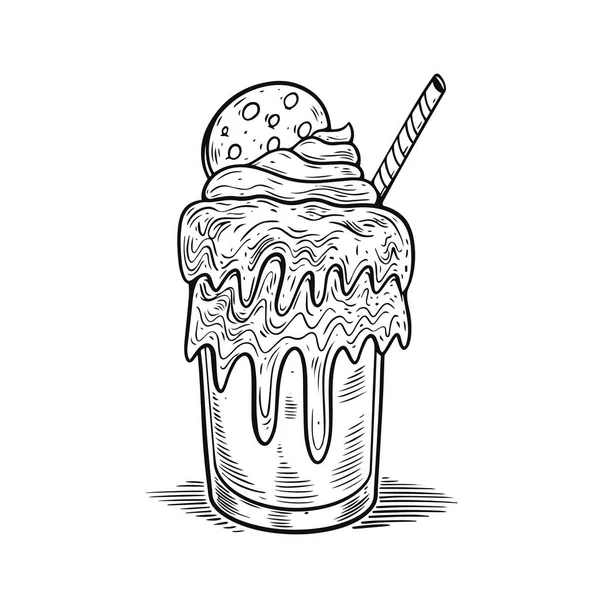 Milkshake Cocktail Met Koekje Zwart Teken Schets Stijl Vector Illustratie — Stockvector