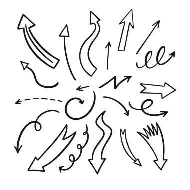 Oklar elle çizilmiş taslak biçim simgeleri beyaz arkaplan üzerinde izole vektör tasarımı ayarlar.