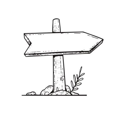 Beyaz arkaplanda izole edilmiş siyah direkli taslak biçim vektör sanatında el çizimi ahşap tabela.