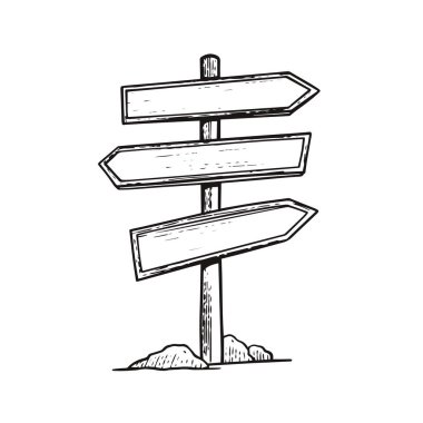 Okları olan eski ahşap işaret direği tek renkli taslak çizim tarzı vektör sanatı beyaz arkaplanda izole edilmiş.