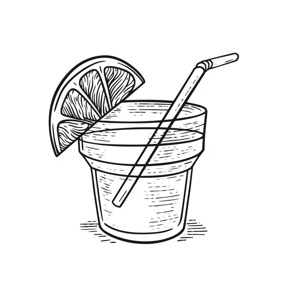 Drink Glass Cocktail Lemon Slice Tube Hand Drawn Outline Style — Stock Vector