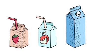 Meyve suyu kutusu çizgi film stili el çizimi taslağı beyaz arkaplanda izole edilmiş renkli vektör çizimi.