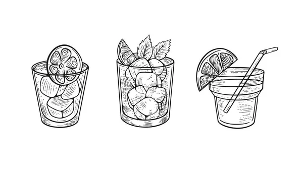 Cocktails Set Hand Drawn Sketch Art Black Color Vector Illustration — Stock Vector