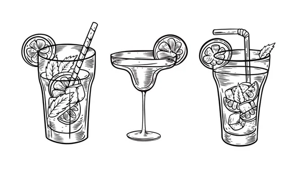 Drei Cocktails Monochrom Stilgravur Vektor Art Illustration Isoliert Auf Weißem — Stockvektor