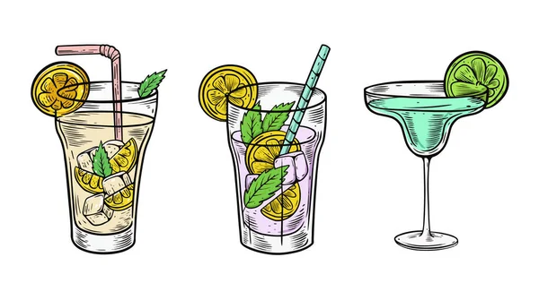 Coloré Classique Cocktails Set Dessin Animé Style Contour Vectoriel Art — Image vectorielle