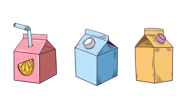 Sok Mleko Opakowanie Zestaw Ręcznie Rysowane Kolorowe Wektor Stylu Kreskówki — Wektor stockowy