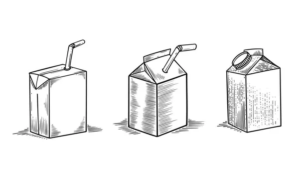 Caixa Bebidas Conjunto Mão Desenhado Estilo Gravura Monocromática Esboço Arte —  Vetores de Stock