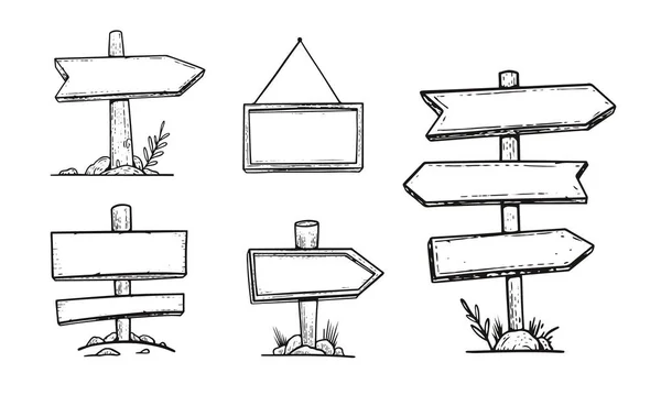 木制标志集手绘单色风格矢量插图 — 图库矢量图片