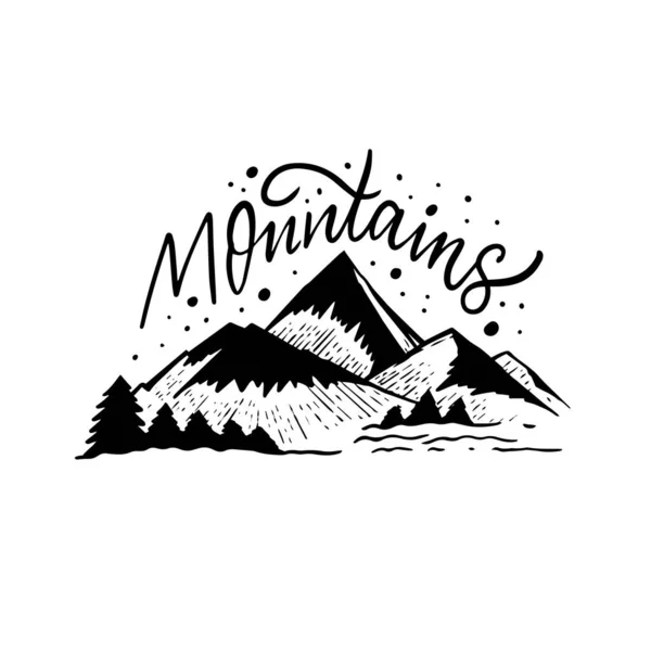 山のテキストレタリングと黒のイラストロゴデザイン — ストックベクタ