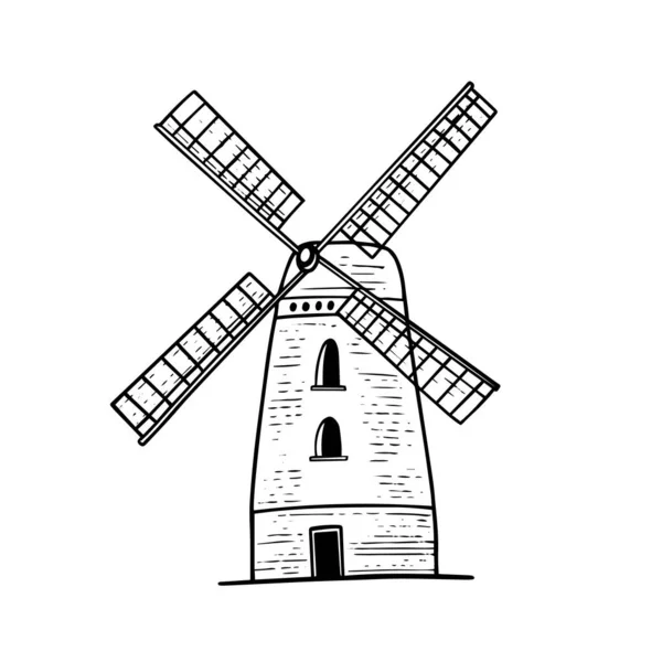 Handgezeichnete Mühle Schwarze Farbe Skizze Stil Vektor Art Illustration — Stockvektor