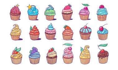 Renkli farklı kekler taslak biçim vektör çizimi izole edildi.