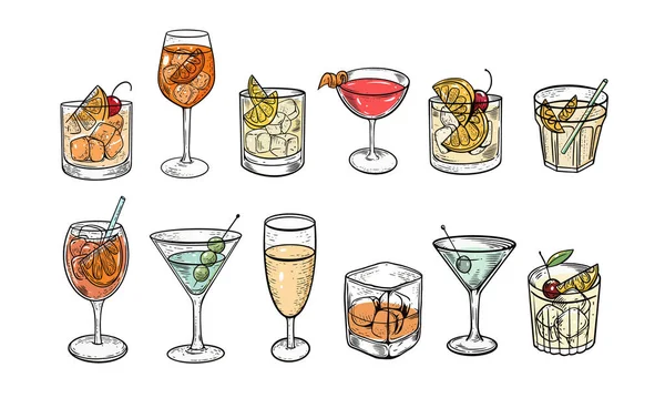 Bunte Handgezeichnete Cocktails Set Cartoon Stil Skizze Vektor Art Illustration — Stockvektor