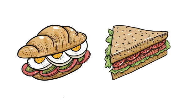Kleurrijke Cartoon Stijl Sandwiches Set Schets Kunst Vector Illustratie — Stockvector