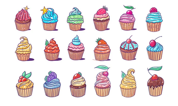 Colorido Diferente Muffins Conjunto Esboço Estilo Vetor Arte Ilustração Isolado —  Vetores de Stock