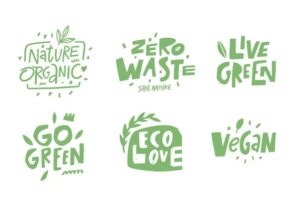 Set Letras Frases Orgánicas Ecológicas Naturales Color Verde Texto Tipografía — Vector de stock