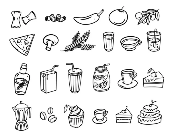Doodle Τροφίμων Διαφορετικά Σετ Μαύρο Χρώμα Σκίτσο Τέχνης Διάνυσμα Εικονογράφηση — Διανυσματικό Αρχείο