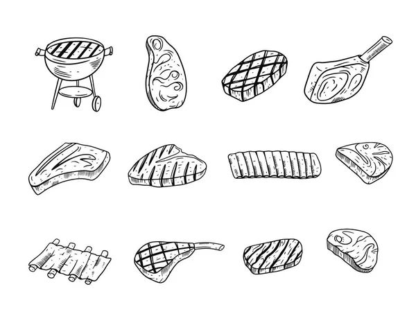 Barbecue Grill Ligne Noire Art Set Signe Vecteur Art Illustration — Image vectorielle