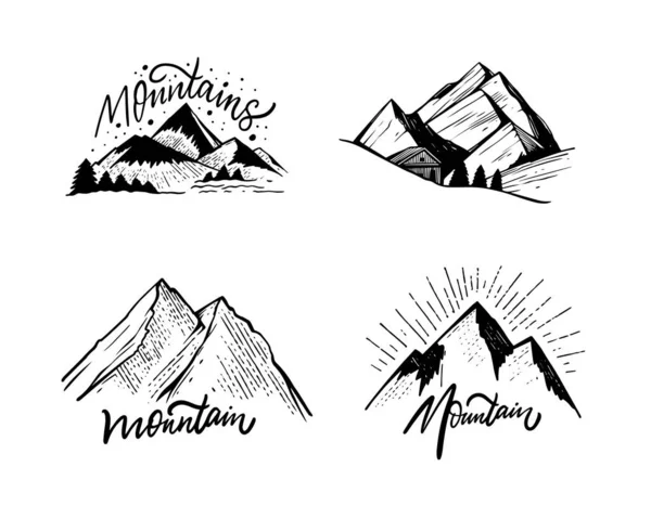 Montañas Arte Negro Boceto Texto Lettering Vector Ilustración — Vector de stock