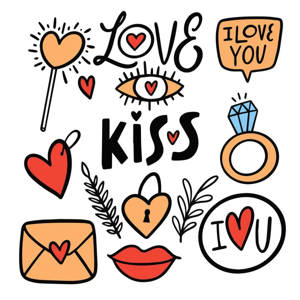 愛とキスのステッカーアイコンは ドアスタイルの漫画のベクトルアートイラストを設定 — ストックベクタ
