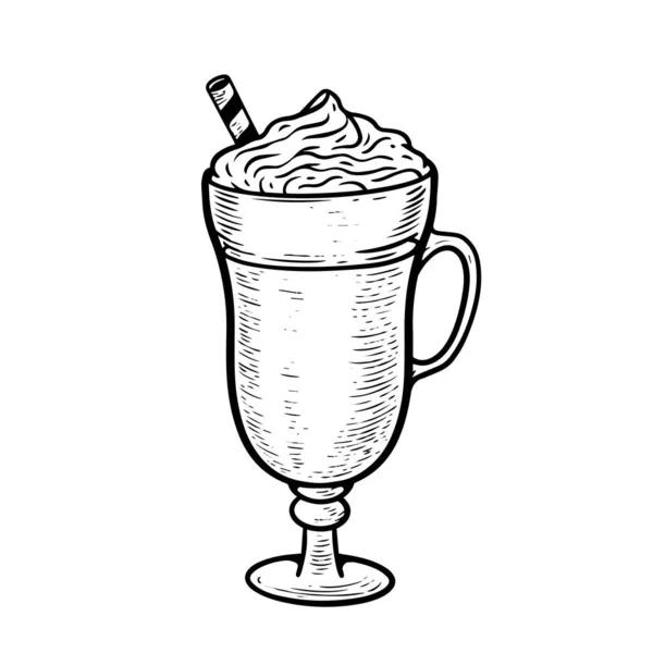 Handgetekende Lijn Kunst Stijl Koffie Cappuccino Glas Monochrome Vector Illustratie — Stockvector
