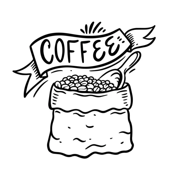 Grãos Café Saco Desenhado Mão Desenho Animado Linha Estilo Vetor — Vetor de Stock