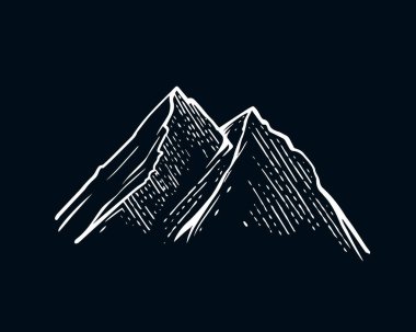 Dağlar el çizimi sanat eskizi sanatı imzalarlar. Siyah arkaplanda beyaz renk logosu izole edildi.