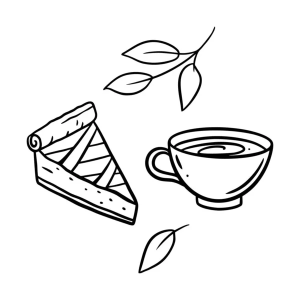 Breakfast Elements Pie Slice Coffee Cup Line Art Black Color — Stock Vector