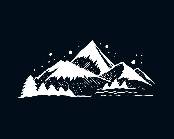 山の風景記号のロゴ 手描きホワイトカラーアートスケッチベクトルイラスト 黒の背景に隔離された — ストックベクタ