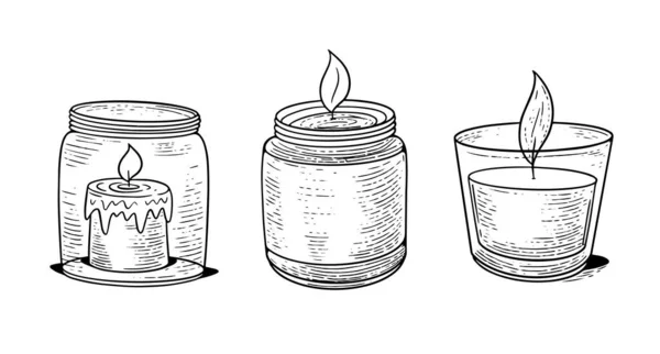 家里的蜡烛放在玻璃杯里 手绘线条艺术标志家居装饰元素对象 在白色背景上孤立的黑色矢量示意图 — 图库矢量图片