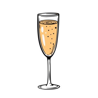 Bardakta şampanya şarabı. Çizgi film stili vektör illüstrasyonunda el çizimi sanat rengi. Beyaz arkaplanda izole.