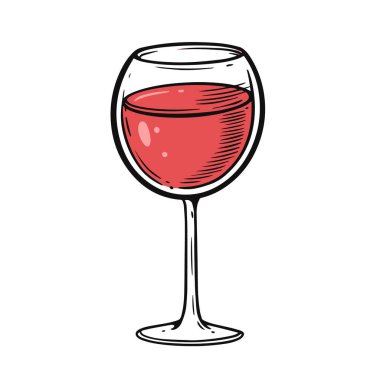 Bardakta kırmızı şarap. El çizimi, renkli çizgi film çizimi, vektör çizimi. Menü barı, kafe ya da bar için tasarım. Beyaz arkaplanda izole edilmiş.