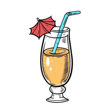 Şemsiyeli tropik yaz kokteyli. El çizimi renkli çizgi film stili vektör çizimi. Beyaz arkaplanda izole.