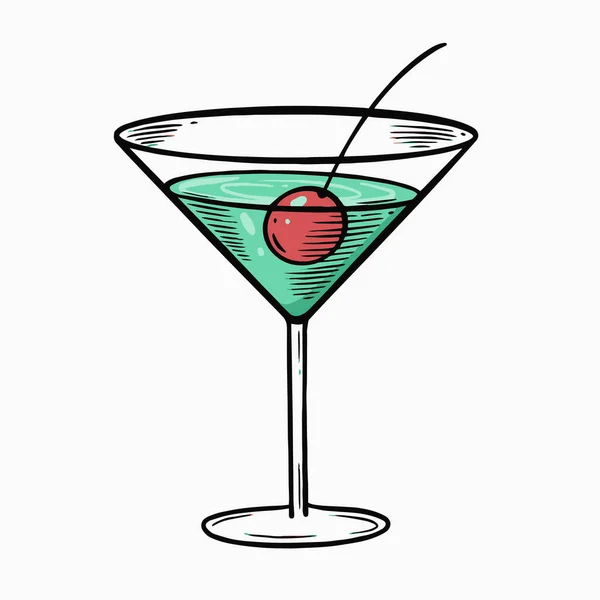 Groene Kleur Cocktail Met Kers Martini Glas Handgetekende Lijn Kunst — Stockvector