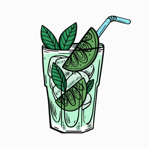Cocktail Mojito Kleurrijke Cartoon Stijl Lijn Kunst Stijl Vector Illustratie — Stockvector