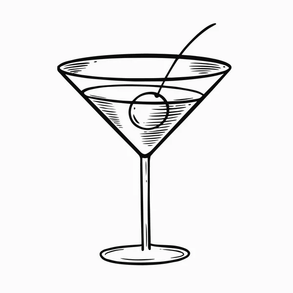 Martini Cocktail Glas Met Olijf Handgetekende Zwarte Kleur Lijn Kunst — Stockvector