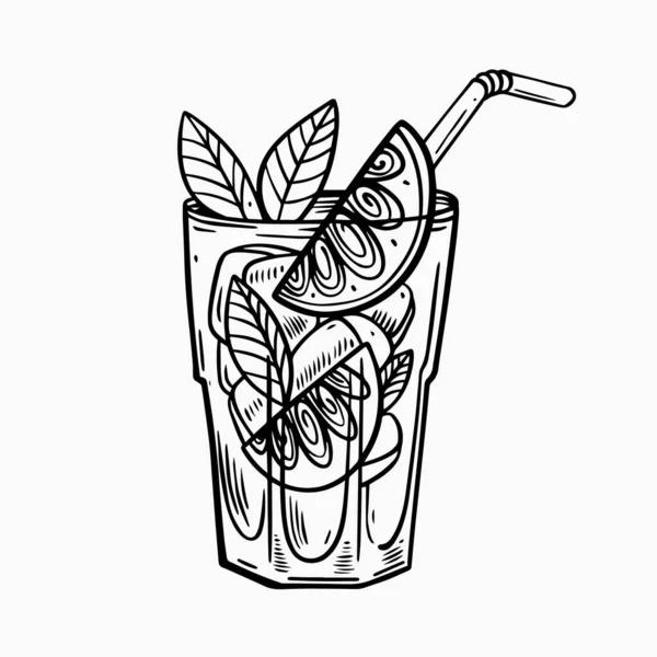 Met Hand Getekende Mojito Cocktail Glas Met Ijsblokjes Limoenschijfje Munt — Stockvector
