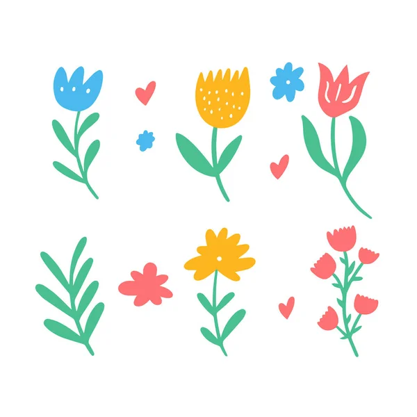 Fleurs Florales Dans Style Dessin Animé Éléments Design Plat Illustration — Image vectorielle