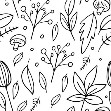 Dallar ve yaprak çizgisi, monokrom, dikişsiz desen. Elle çizilmiş sonbahar dönemi elementleri vektör çizimi. Beyaz arkaplanda izole.