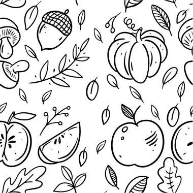 Sonbahar yemekleri ve çiçeksiz desenler. El çizimi çizimi çizim stili vektör illüstrasyonu. Beyaz arkaplanda izole.