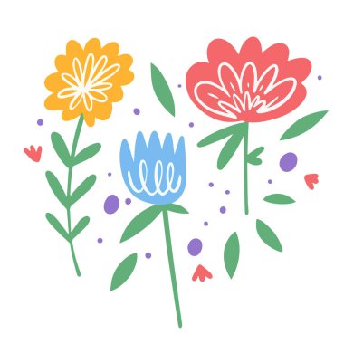 Renkli çiçekler düz tasarım vektör sanat çizimi. Beyaz arkaplanda izole nesneler.