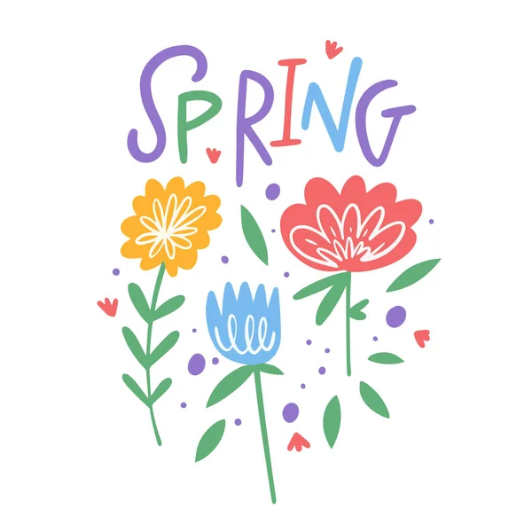 Tekst Wiosenny Trzy Kolorowe Kwiaty Zestaw Sezonowa Kartka Okolicznościowa Izolowana — Wektor stockowy
