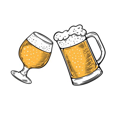 Şeffaf bardak ve biralı bardak. El çizimi sanat vektör çizimi. Beyaz arkaplanda izole.