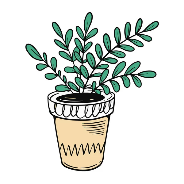 緑の植物の葉を持つホームポット 手描きのスケッチアート漫画スタイルのベクトルイラスト 白地に隔離された — ストックベクタ