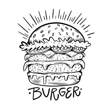 El çizimi siyah burger işareti. Fast food logo kafe. Beyaz arkaplanda izole.