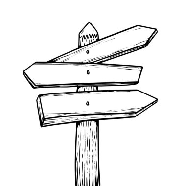 Elle çizilmiş odun yol tabelası. Vektör nesne çizimi. Beyaz arkaplanda izole.