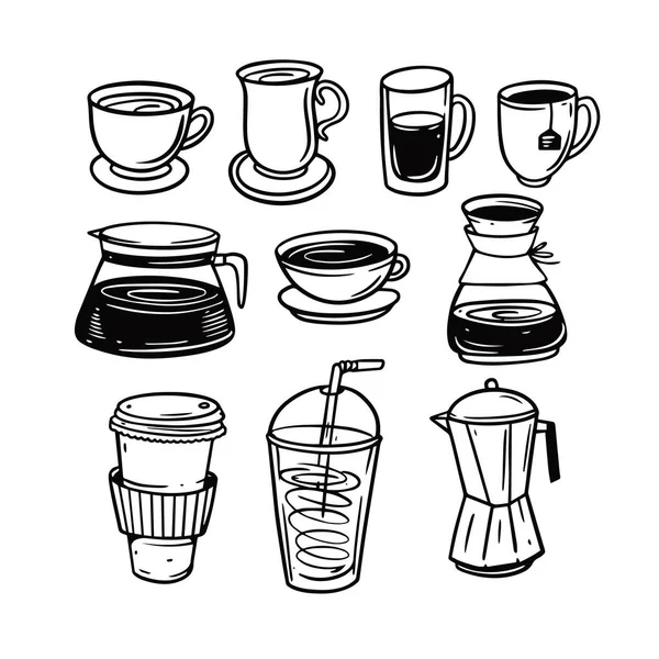 Kaffee Doodle Elemente Set Vorhanden Tassen Becher Kaffeekanne Und Glas — Stockvektor