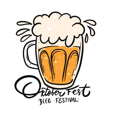 Oktoberfest tatil mektupları ve bira bardağı. Vektör sanat illüstrasyonu. Beyaz arkaplanda izole edilmiş çizim.