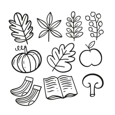 Sonbahar mevsimi öğesi karalama simgelerini belirledi. El çizimi siyah renk vektörü çizimi beyaz arkaplanda izole edildi.