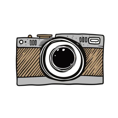 Renkli fotoğraf makinesi el çizimi karikatür tarzı. Vektör sanatı çizimi beyaz arkaplanda izole edildi.
