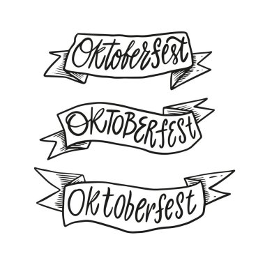 Oktoberfest holiday calligraphy lettering text word on ribbon set. Black color isolated on white background.